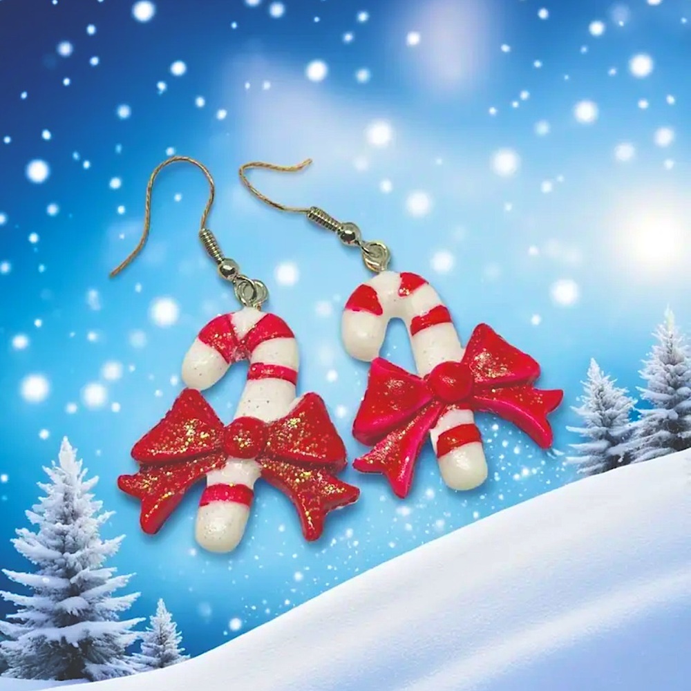 Candy Cane Glitter Christmas Earrings Handcrafted Ugly Sweater Party Holiday